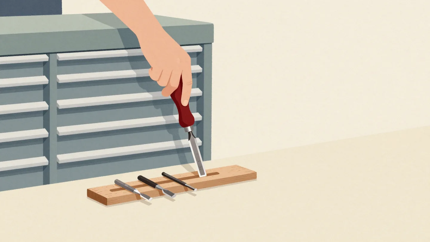 A magnetic strip above a lathe holding four chisels within reach, a hand lifting the vermilion-handled one.