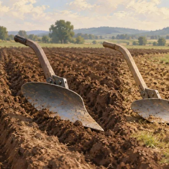 Different plowshare shapes arranged beside the distinct furrows they make