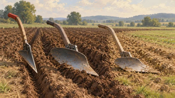 Different plowshare shapes arranged beside the distinct furrows they make