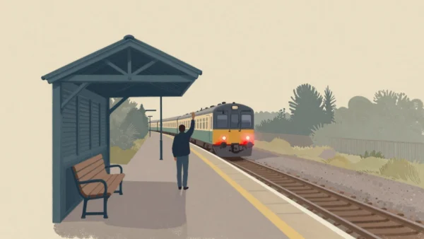A figure raising an arm at a tiny dark railway halt as a small train comes round the bend.