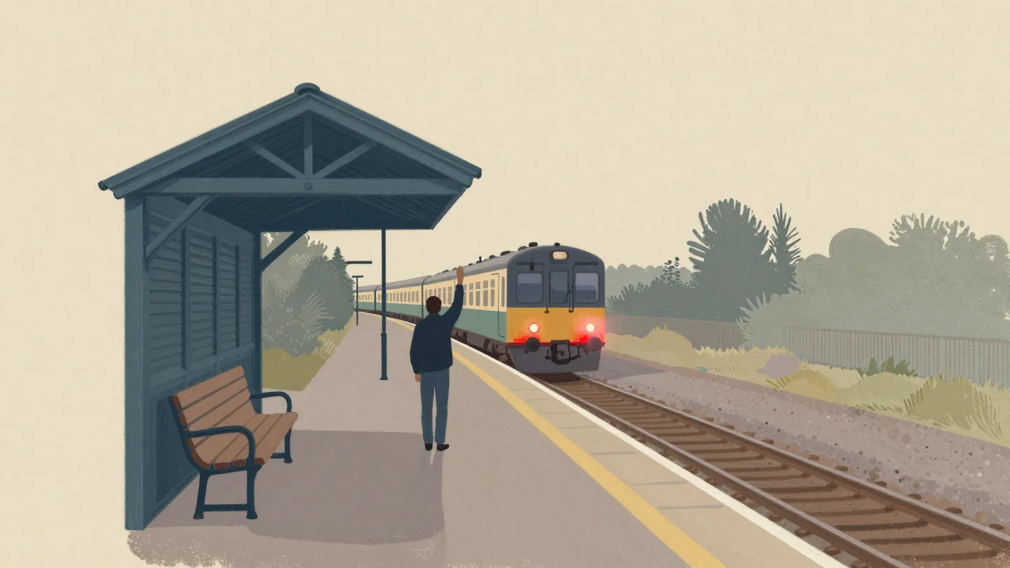 A figure raising an arm at a tiny dark railway halt as a small train comes round the bend.