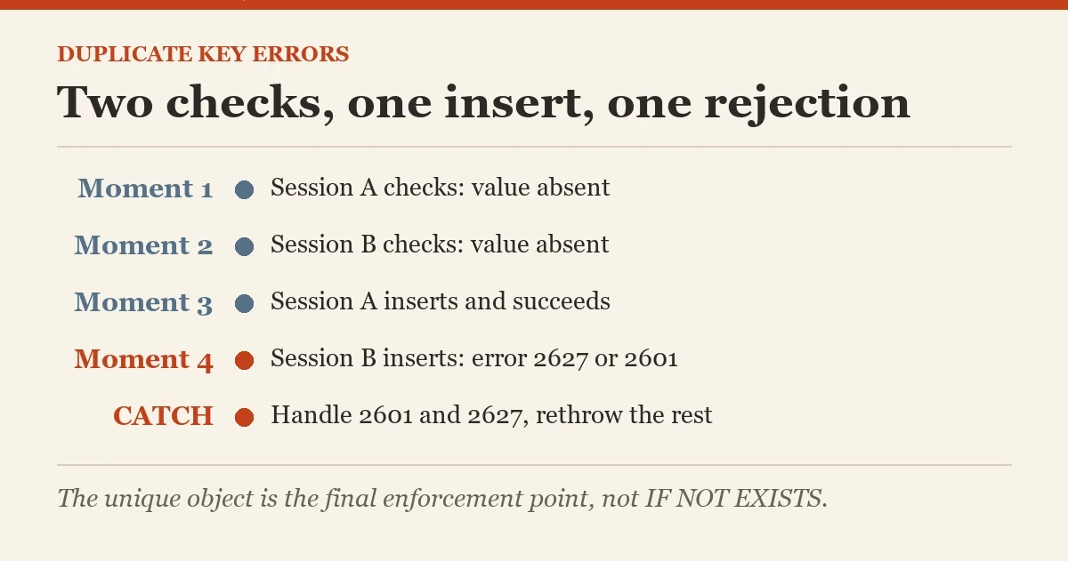 Two checks, one insert, one rejection: a diagram about the duplicate key errors