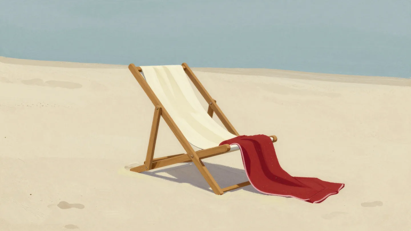 Two beach towels thrown onto one empty deckchair at once, a cream towel covering the seat and a red one sliding off.