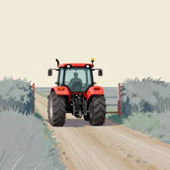 A wide tractor at a narrow field gateway, turning along the hedge to take the long way round the field.
