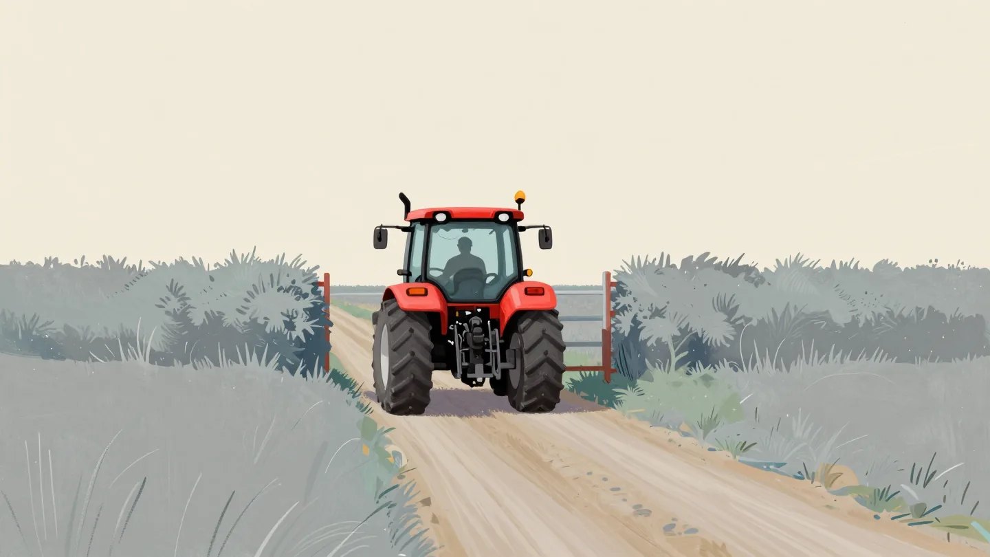 A wide tractor at a narrow field gateway, turning along the hedge to take the long way round the field.