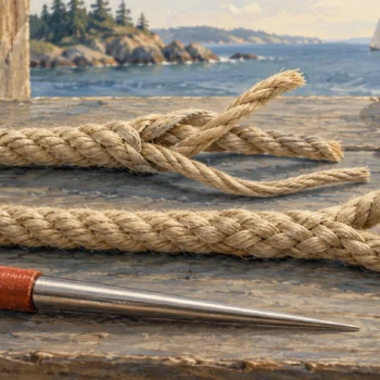 A rope splicing fid separating paired strands before joining a single strand