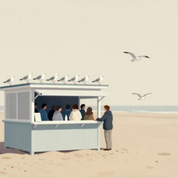 A crowd of seagulls mobbing the hatch of a small beach kiosk while a hand pulls the shutter halfway down.