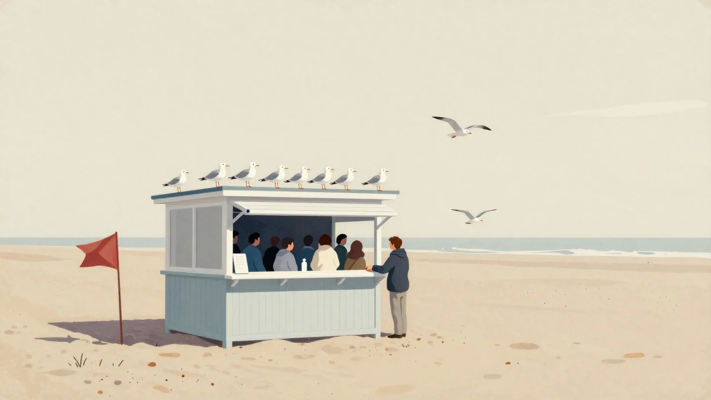 A crowd of seagulls mobbing the hatch of a small beach kiosk while a hand pulls the shutter halfway down.