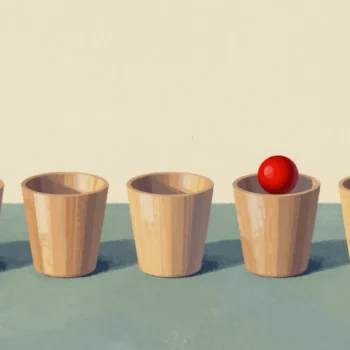 Five wooden cups on a felt table, four turned up empty and one still covered.