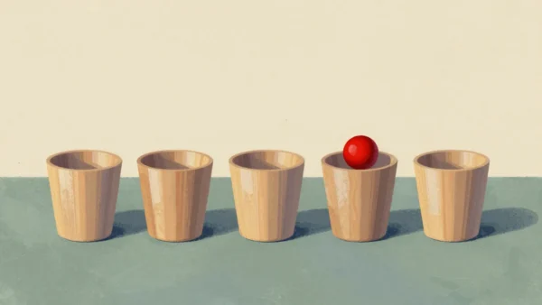 Five wooden cups on a felt table, four turned up empty and one still covered.