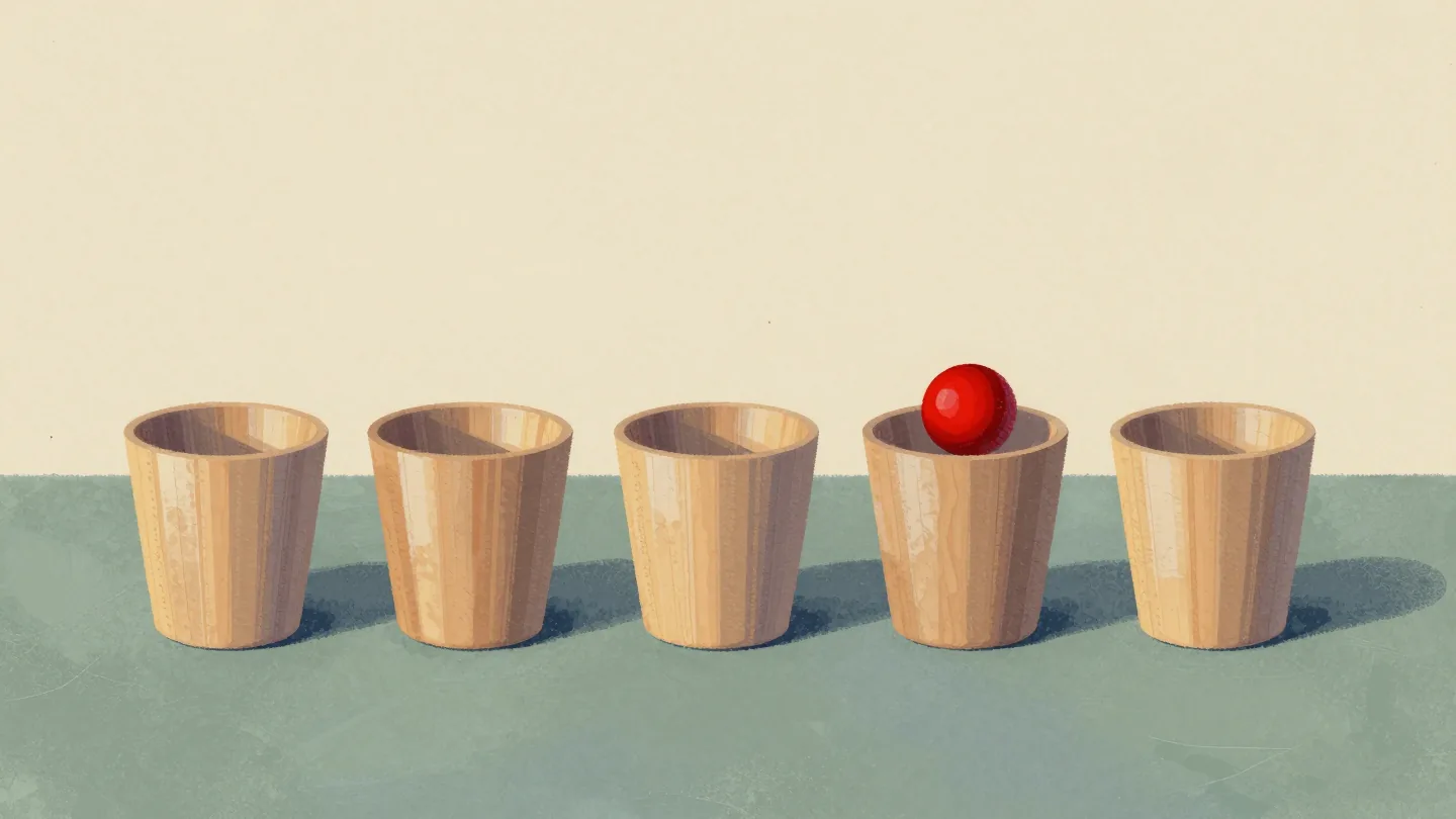 Five wooden cups on a felt table, four turned up empty and one still covered.