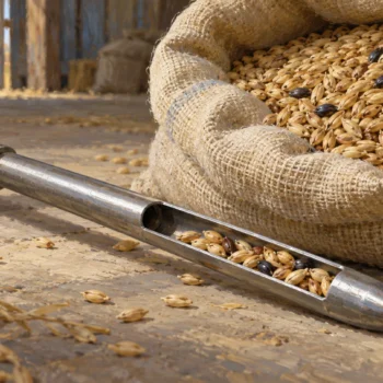 A grain sampling spear holding a small sample beside a full grain sack