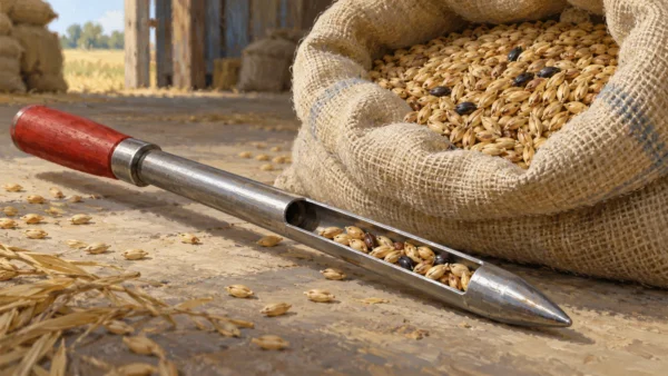 A grain sampling spear holding a small sample beside a full grain sack