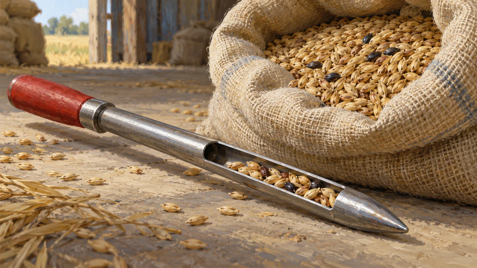 A grain sampling spear holding a small sample beside a full grain sack