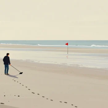 A figure sweeping a metal detector across a long beach, a small vermilion flag marking one spot.