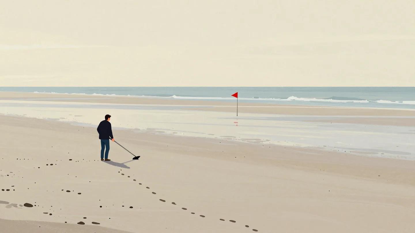 A figure sweeping a metal detector across a long beach, a small vermilion flag marking one spot.