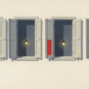 Gouache painting: a row of eight wooden window shutters, alternately open and closed, with a mirror row beneath it where every shutter is the opposite; one shutter is painted vermilion