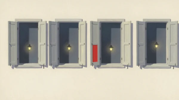 Gouache painting: a row of eight wooden window shutters, alternately open and closed, with a mirror row beneath it where every shutter is the opposite; one shutter is painted vermilion