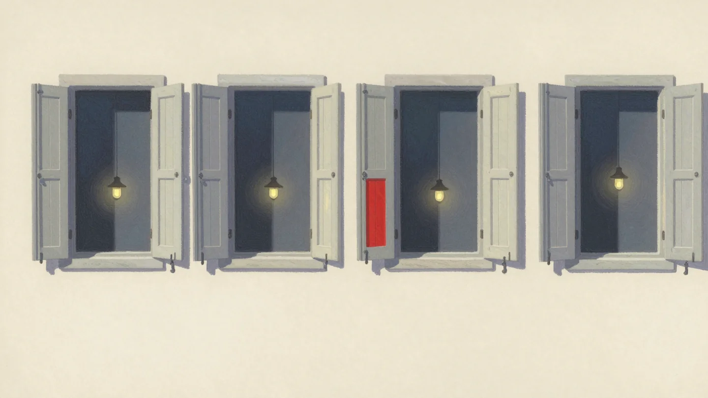 Gouache painting: a row of eight wooden window shutters, alternately open and closed, with a mirror row beneath it where every shutter is the opposite; one shutter is painted vermilion