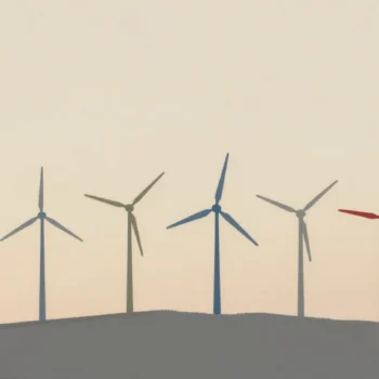 Gouache painting: a row of eight windmills along a ridge at dusk, most sails turning and three standing still, one windmill with a vermilion sail