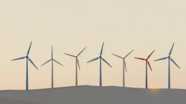 Gouache painting: a row of eight windmills along a ridge at dusk, most sails turning and three standing still, one windmill with a vermilion sail