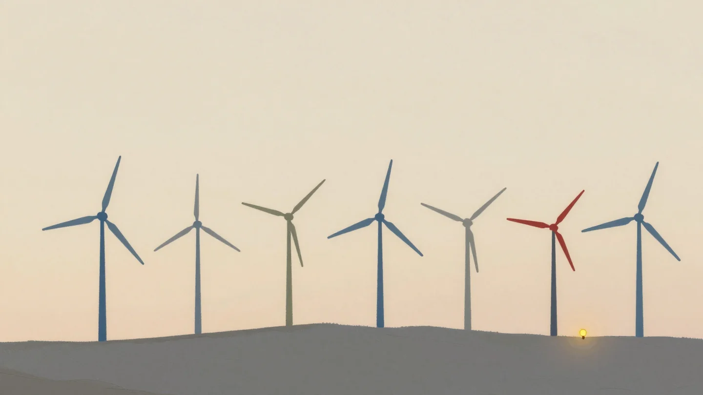 Gouache painting: a row of eight windmills along a ridge at dusk, most sails turning and three standing still, one windmill with a vermilion sail