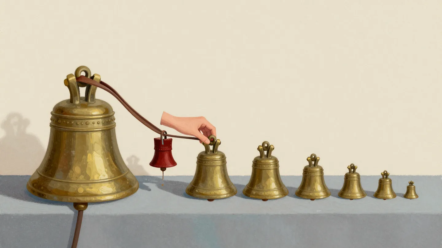 A hand muffling the clapper of one handbell with a leather pad in a row of brass handbells
