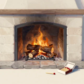 A farmhouse fireplace just relit in the morning, a small flame catching on kindling under cold logs.