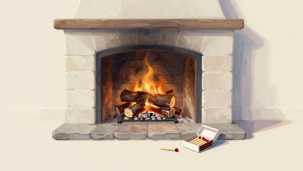 A farmhouse fireplace just relit in the morning, a small flame catching on kindling under cold logs.