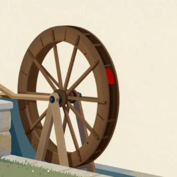 A water wheel turning beside a mill while its sluice gate upstream is propped open by one loose wedge