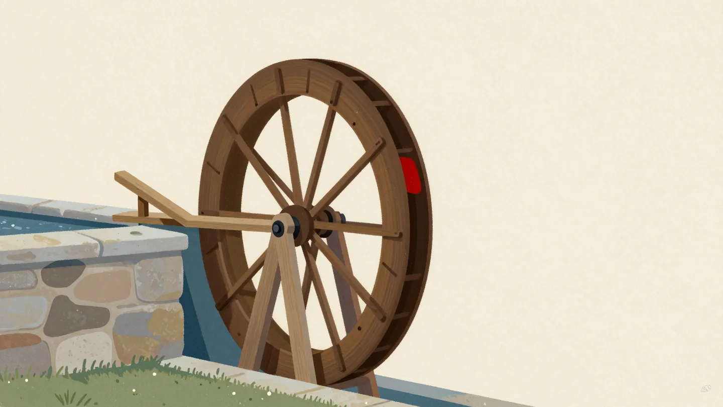 A water wheel turning beside a mill while its sluice gate upstream is propped open by one loose wedge