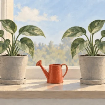 Gouache painting of two nearly identical potted plants on a windowsill with a small vermilion watering can between them.