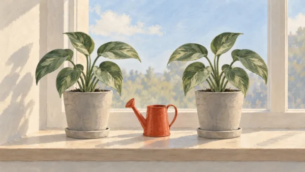 Gouache painting of two nearly identical potted plants on a windowsill with a small vermilion watering can between them.