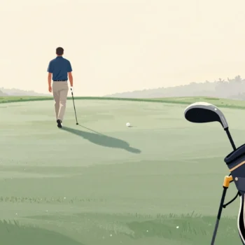 A caddie drawing the next club from a golf bag while the golfer is still walking toward the ball