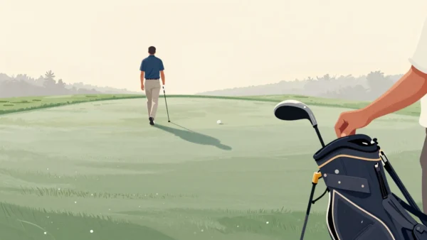 A caddie drawing the next club from a golf bag while the golfer is still walking toward the ball