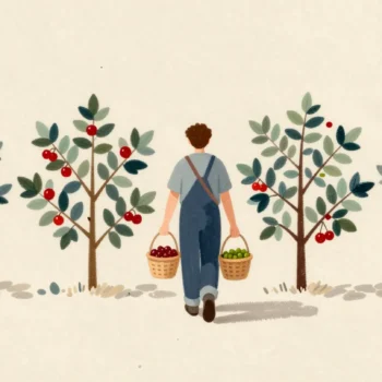 A gardener walking a row of berry bushes with three small baskets on one strap, sorting berries in a single pass.