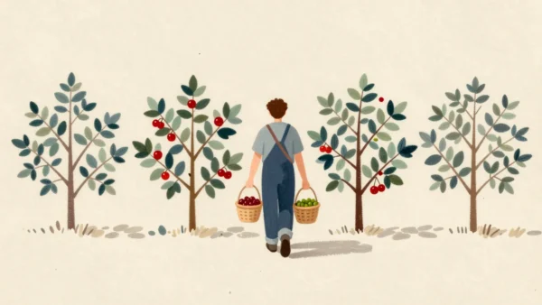 A gardener walking a row of berry bushes with three small baskets on one strap, sorting berries in a single pass.