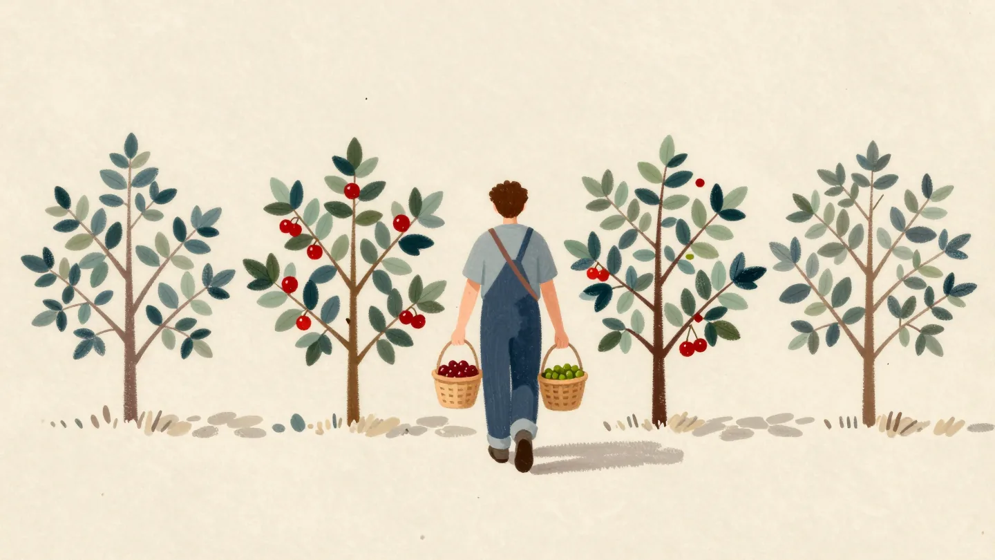 A gardener walking a row of berry bushes with three small baskets on one strap, sorting berries in a single pass.