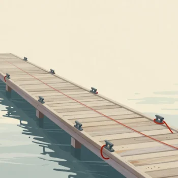 A row of iron cleats on a dock, all lines slack except one taut red line.