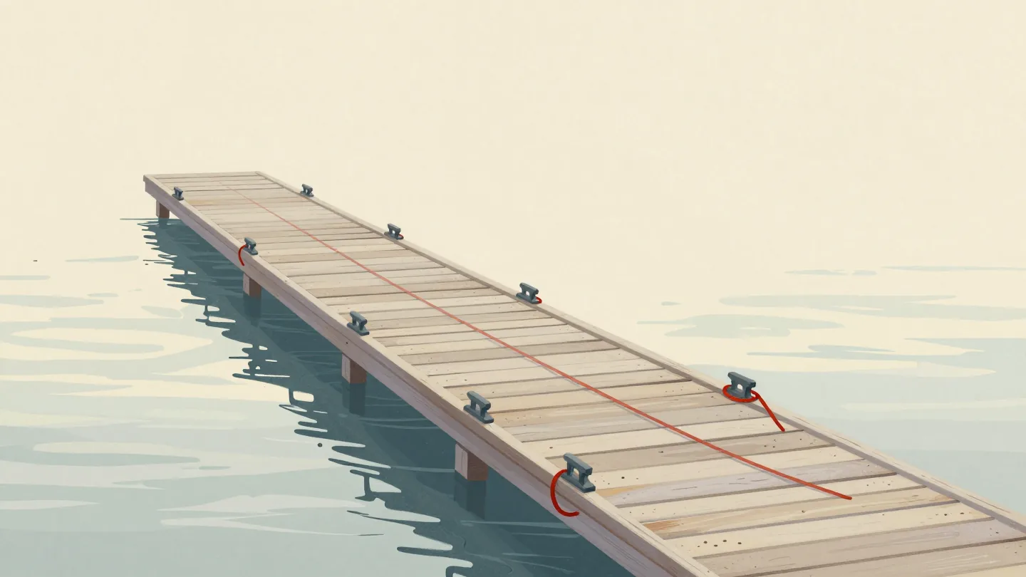A row of iron cleats on a dock, all lines slack except one taut red line.