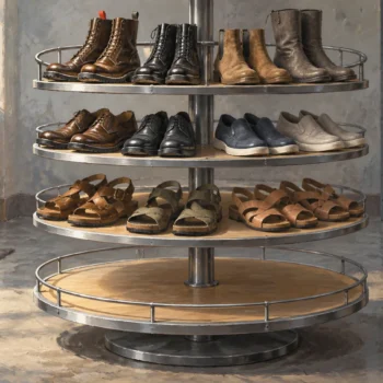 A rotating shoe carousel with shoes grouped by their different shapes