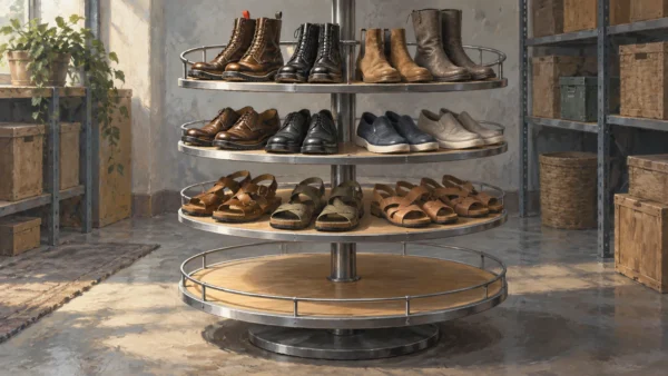 A rotating shoe carousel with shoes grouped by their different shapes