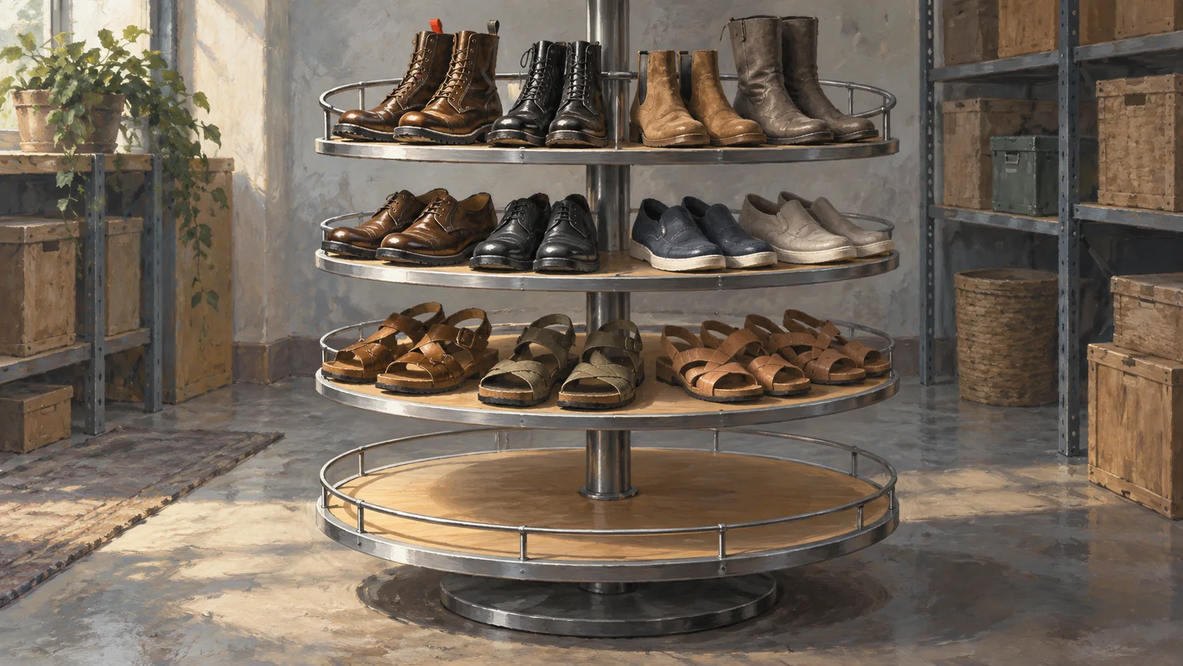 A rotating shoe carousel with shoes grouped by their different shapes