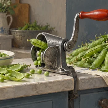 A pea sheller with some pods processed and many pods still waiting
