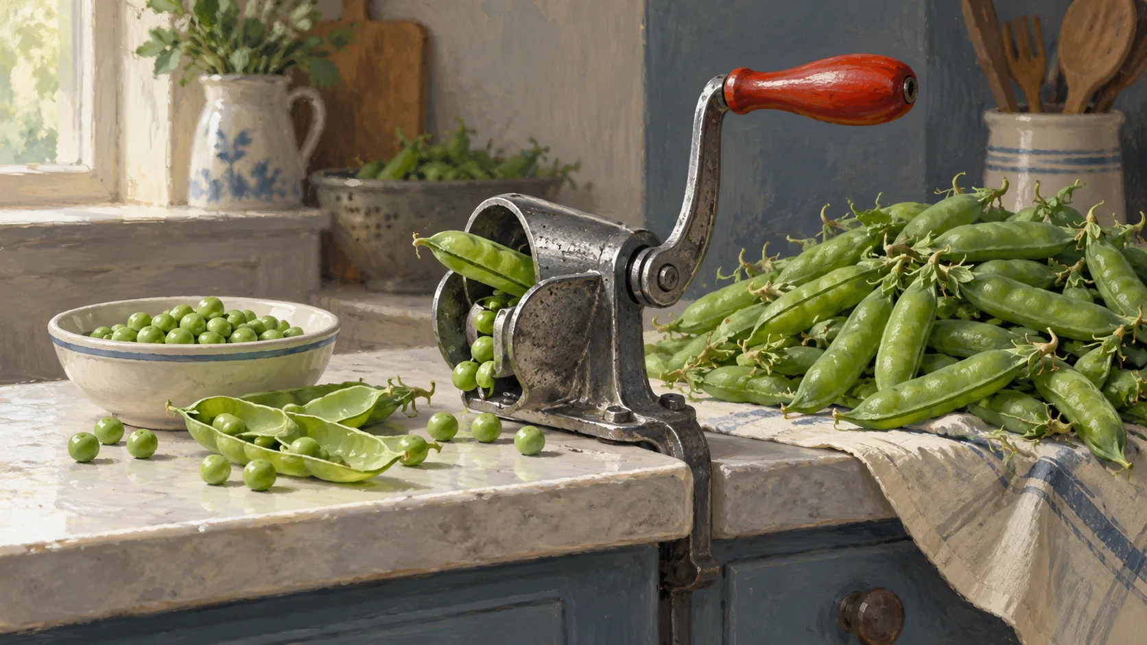 A pea sheller with some pods processed and many pods still waiting