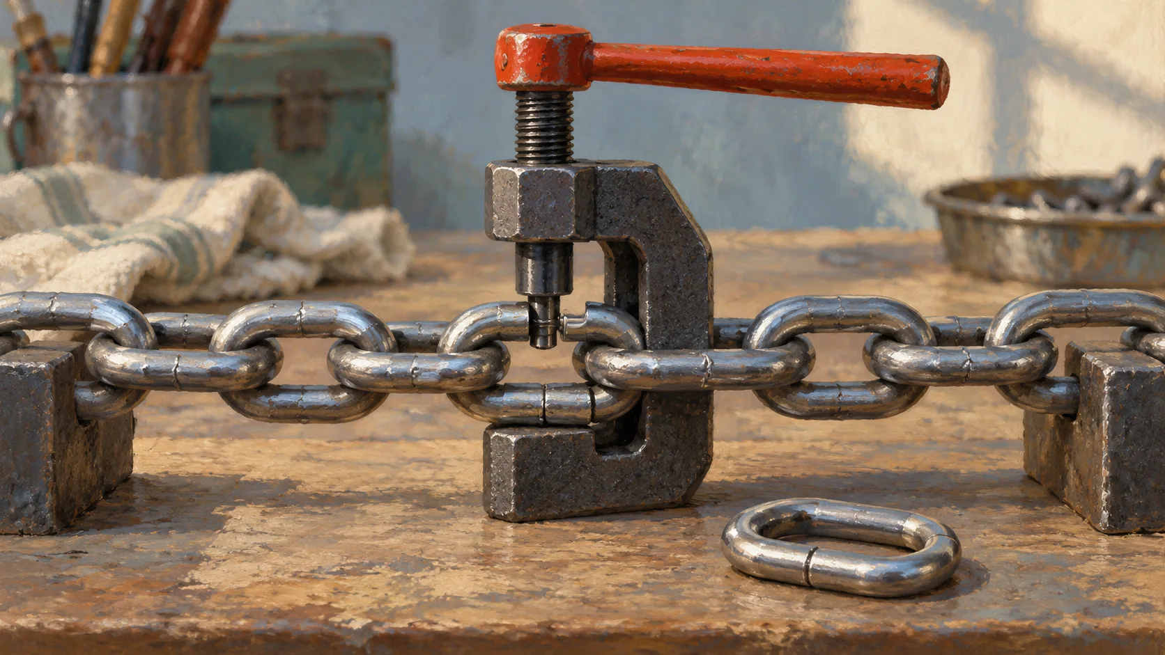 A chain link remover replacing a central connector without discarding attached links