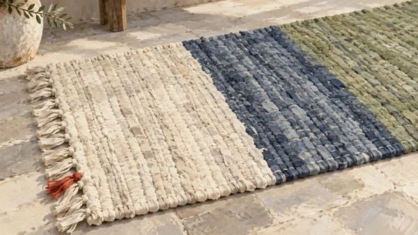 A rag rug with broad repeated-color bands and distinct color transitions