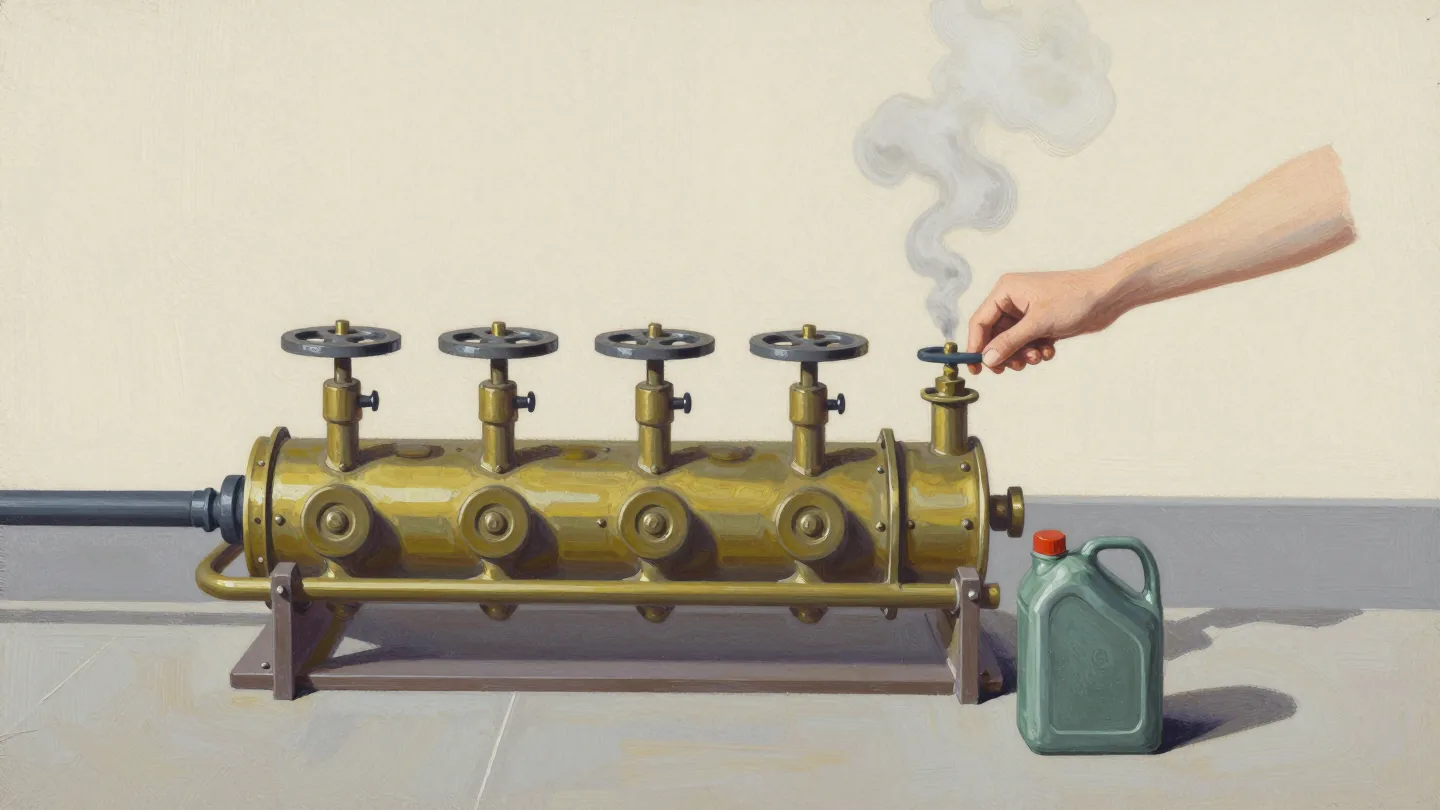 A row of valves on a long pipe being adjusted by hand