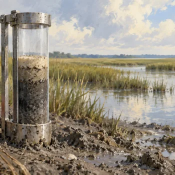 A silt core sampler showing a short retained column of layered sediment