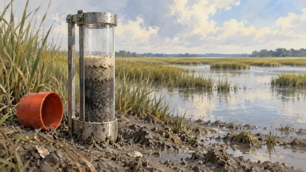 A silt core sampler showing a short retained column of layered sediment